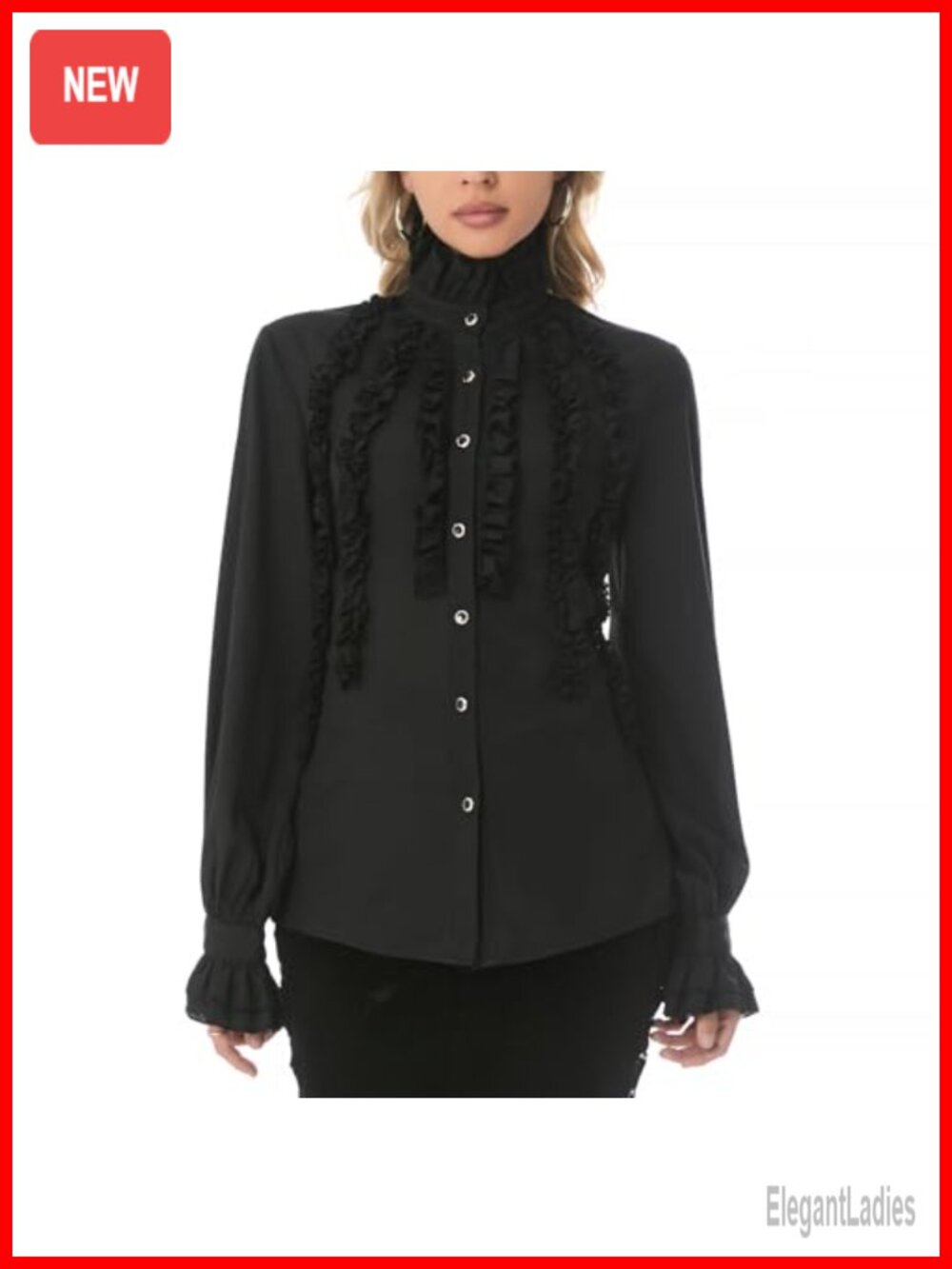 Victorian Gothic Ruffled Blouse High Neck Lace Trim Bell Sleeve Top